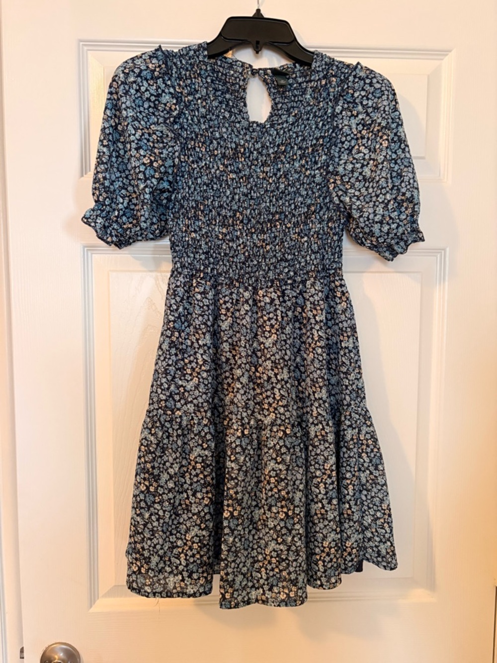 wild fable Navy Blue Floral Smocked Puff Sleeve Dress